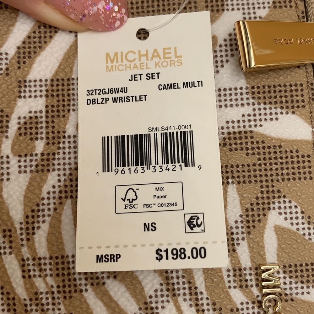 MICHAEL KORS LARGE DOUBLE ZIP WRISTLET WALLET CAMEL MULTI COLOR - Picture 13 of 13